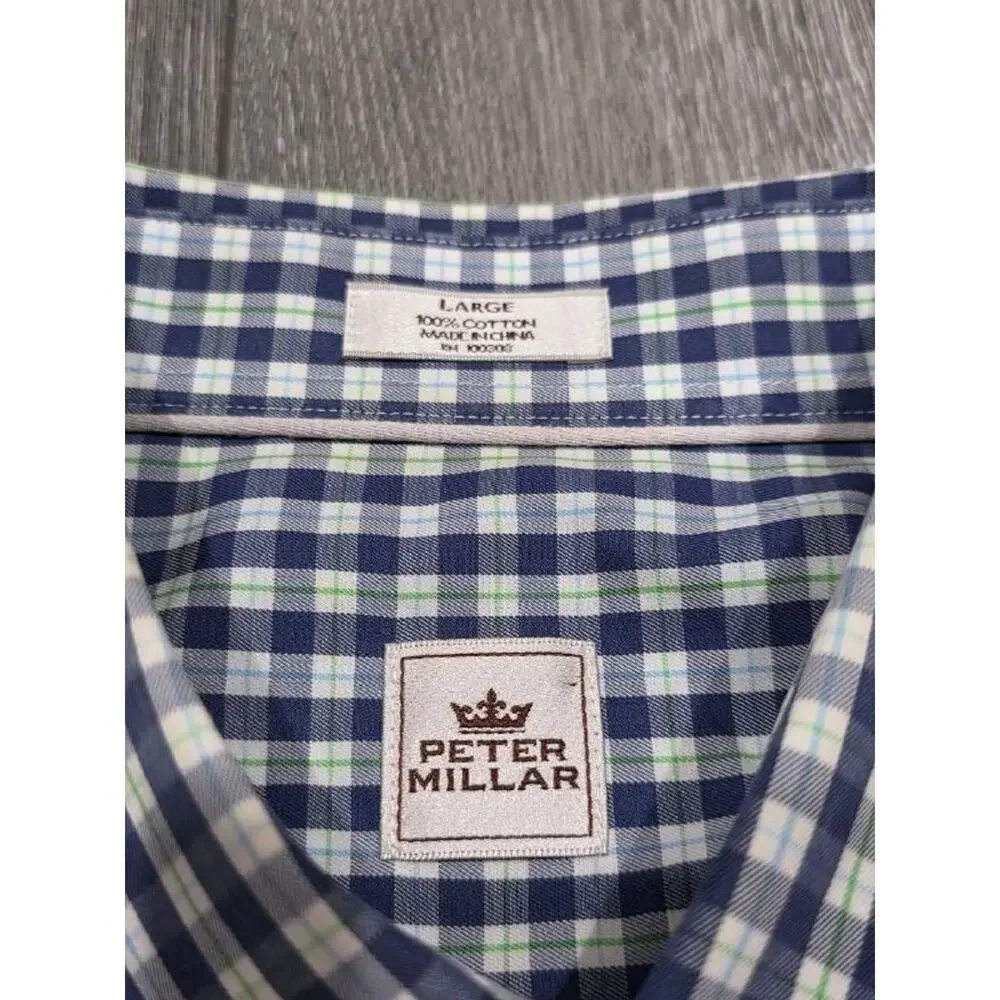 Peter Millar Button Up Shirt Cotton Mens L Crown Blue Checks Plaid A004786 - Picture 7 of 9